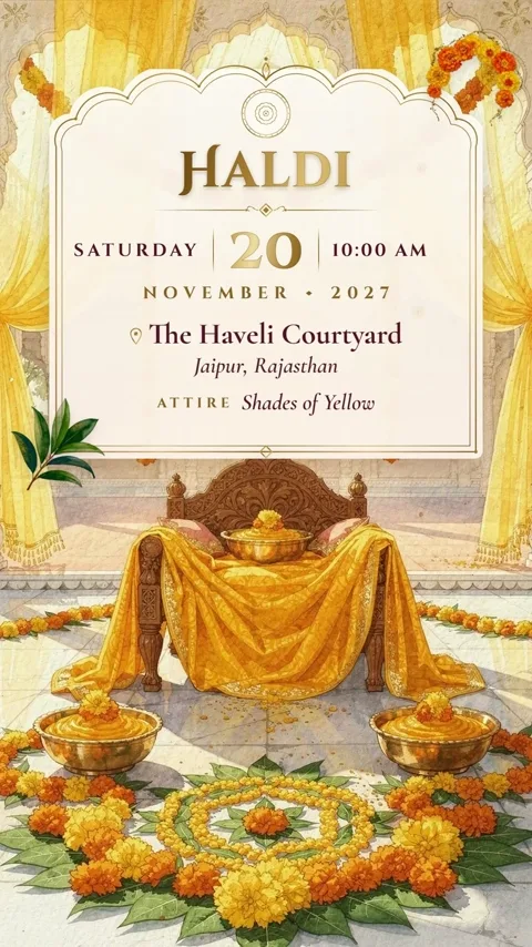 Royal Nimantran, royal wedding invitation video with your photos: its Haldi scene